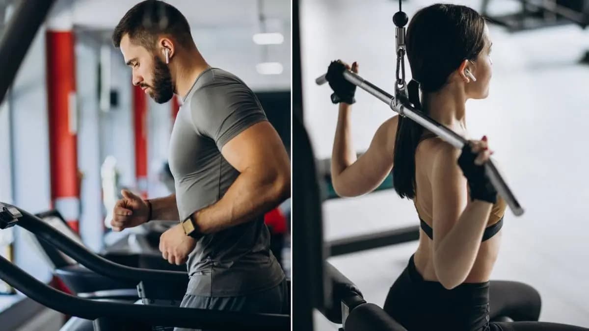 muž na běžícím pásu, žena na posilovacím stroji muž na běžícím pásu, žena na posilovacím stroji